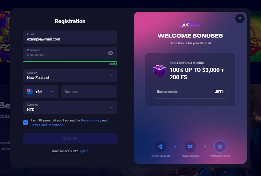 Registration and Sign Up Bonus at Jet4bet Online Casino